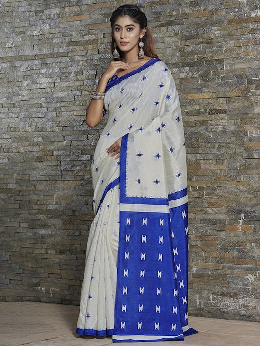 Saree mall Off White & Blue Printed Art Silk Bagh Sarees