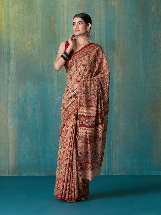Likha Rust Cotton Kalamkari handblock printed Saree with Unstitched Blouse LIKSAR132 (Free Size)
