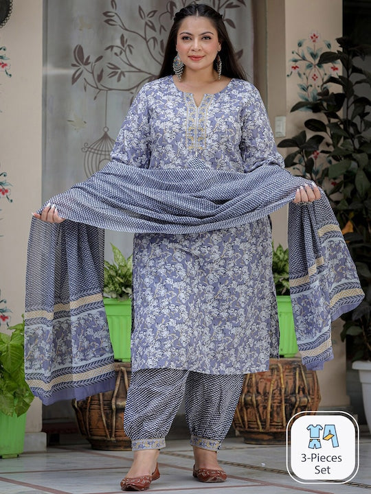 Yufta Plus Size Floral Printed Pure Cotton Straight Kurta & Harem Pants With Dupatta