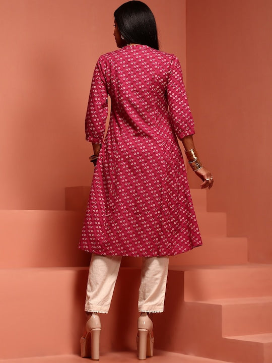 IMARA Floral Printed Mandarin Collar A-Line Kurta