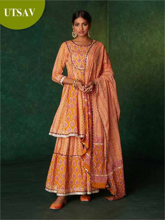 Likha Gulfam Yellow Jaipuri Printed Kurta Sharara & Dupatta LIKSKD136 (Set of 3)