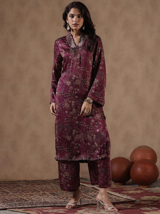 Scakhi Floral Printed Regular Sequinned Satin Kurta with Palazzos