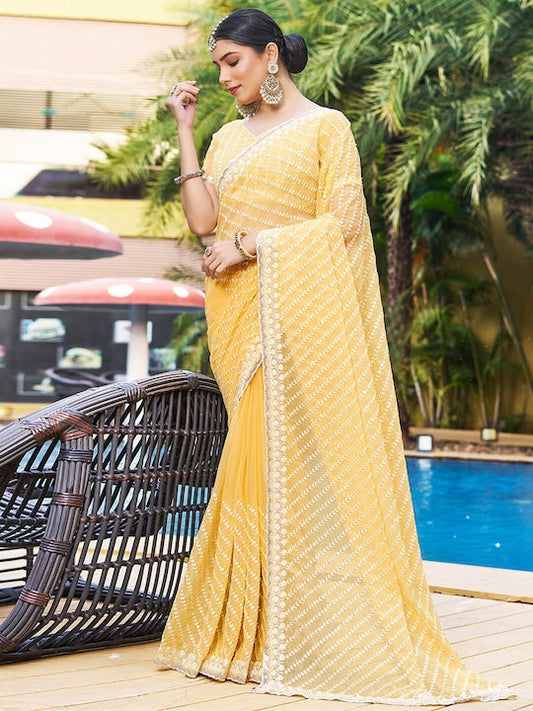 Satrani Striped Embroidered Chiffon Fusion Saree