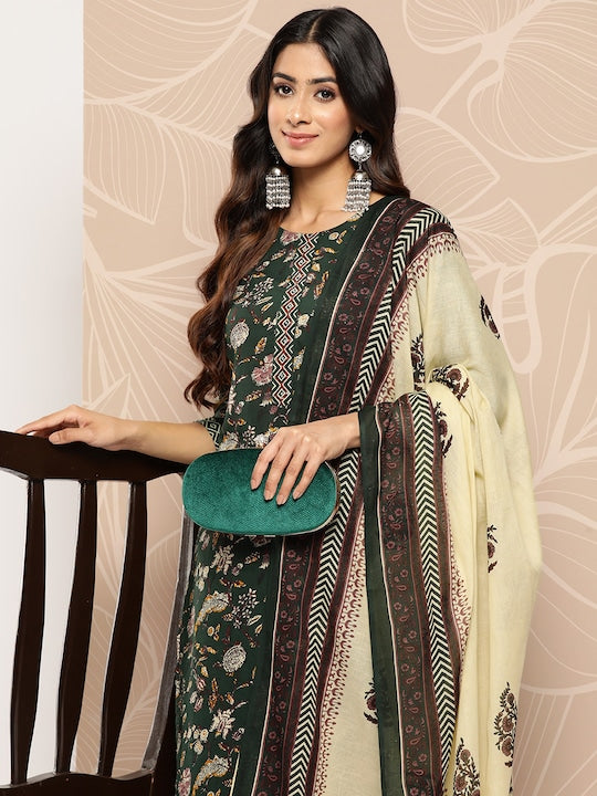 Yufta Floral Printed Regular Pure Cotton Kurta with Trousers & With Dupatta