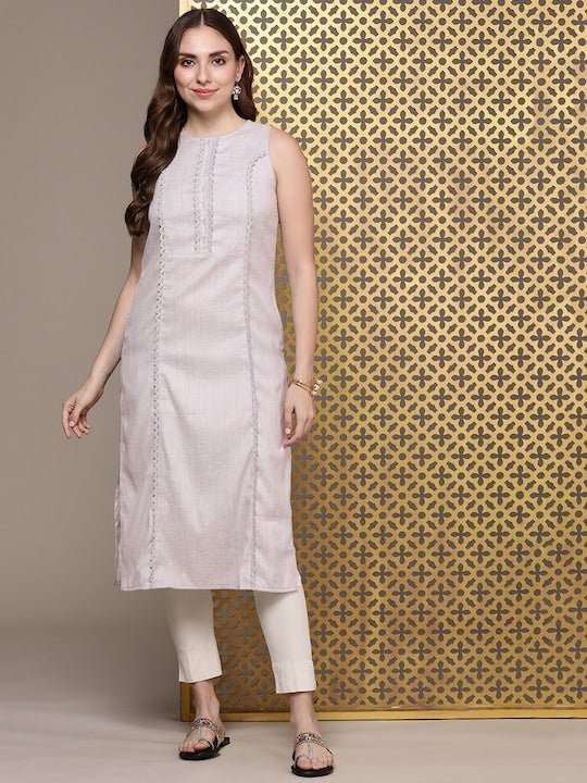 House of Pataudi Self Design Lace Detail Rozana Kurta