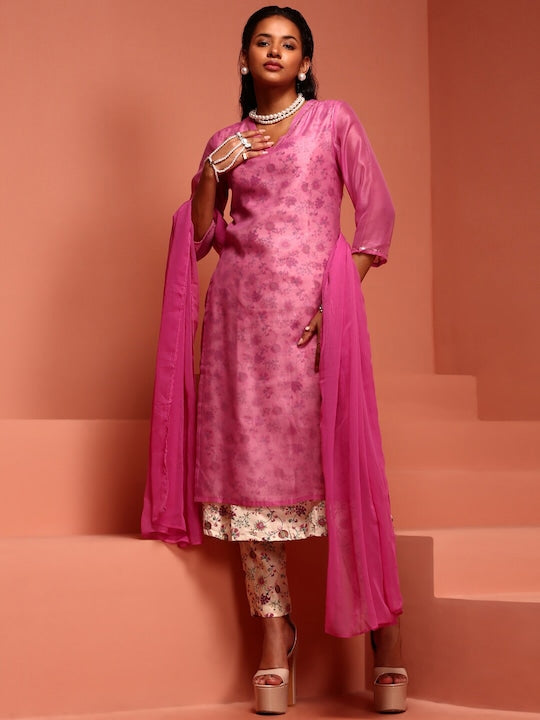 IMARA Floral Printed Regular Kurta With Trousers & Dupatta