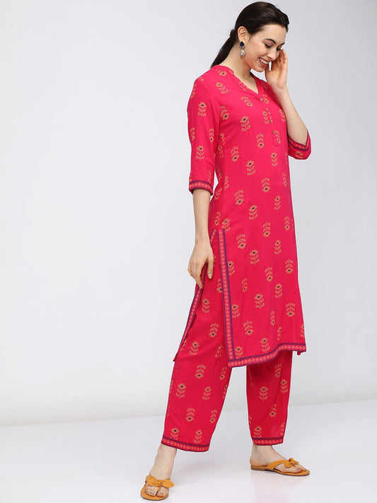 Vishudh Women Pink Ethnic Motifs Printed Kurta with Palazzos - S