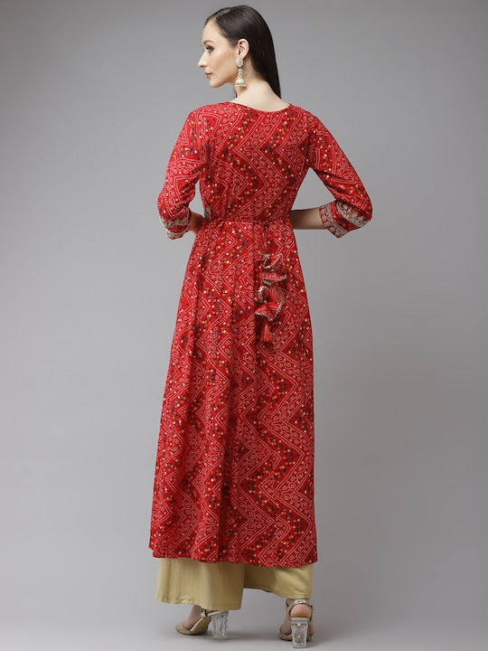 Yufta Women Red Bandhani Printed Flared Sleeves Kurta