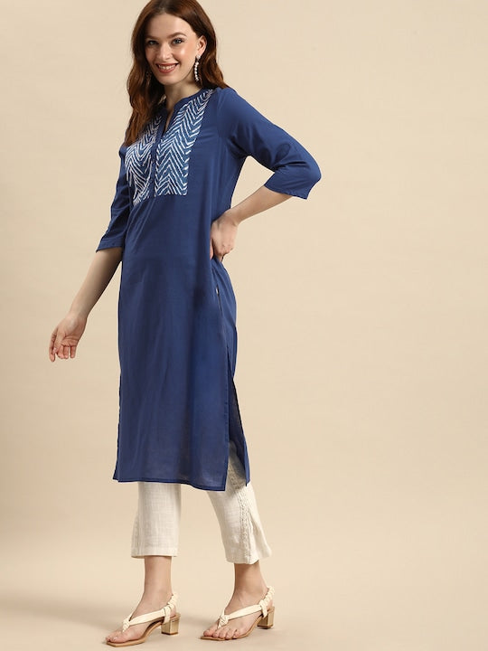 All about you Women Blue Geometric Yoke Design Pure Cotton Kurta