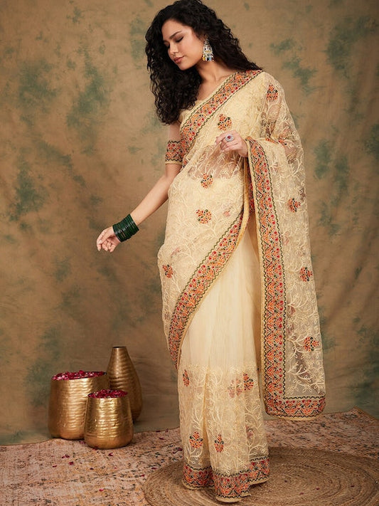 Sangria Yellow Beige Embroidered Net Sarees