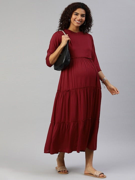 MomToBe Women Maroon Solid Maternity Nursing Maxi Dress