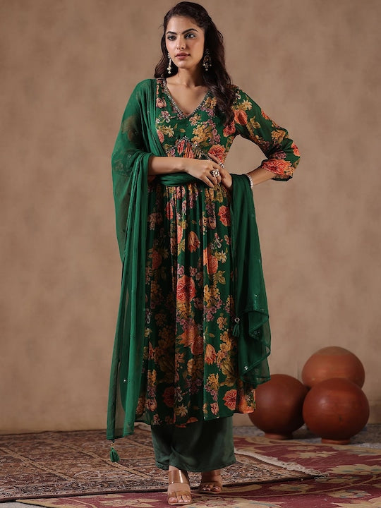 Scakhi Floral Printed Empire Beads and Stones Silk Crepe Kurta & Trousers With Dupatta