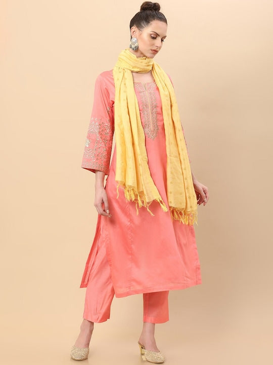 Soch Women Pink Floral Embroidered Thread Work Raw Silk Kurta with Trousers & With Dupatta