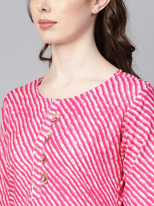 Yufta Women Pink & White Leheriya Print Straight Kurta Pink