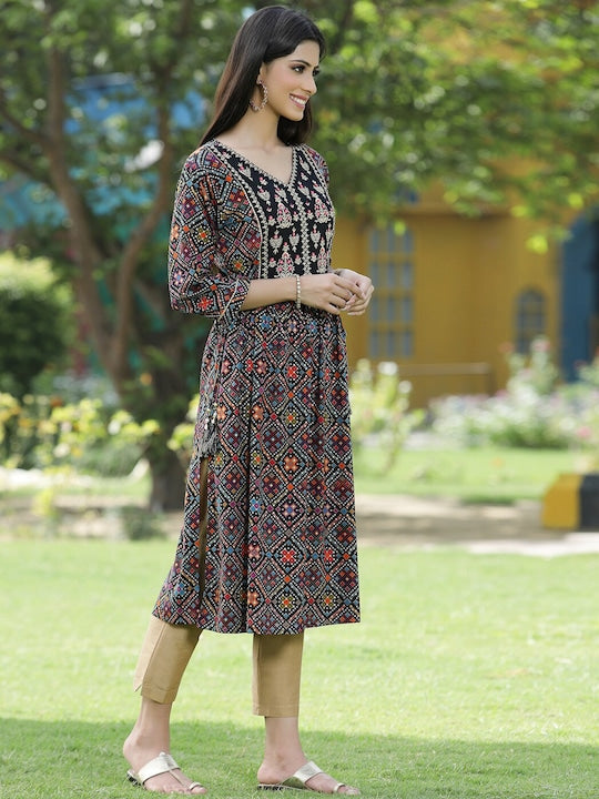 Juniper Women Black Flared Sleeves Thread Work Kurta