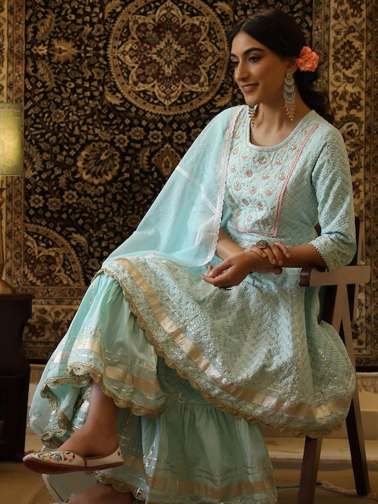 Scakhi Floral Chikankari Embroidered Pure Cotton Kurti With Sharara & Dupatta