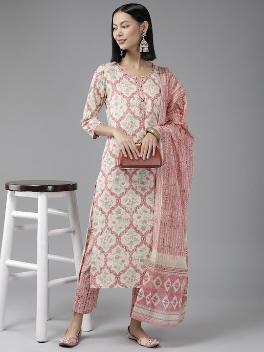 Yufta Women Pink Floral Embroidered Thread Work Pure Cotton Kurta with Trousers & With Dupatta