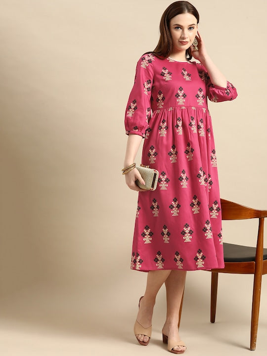 All about you Pink & Green Floral Printed Puff Sleeves Gathered A-Line Midi Dress