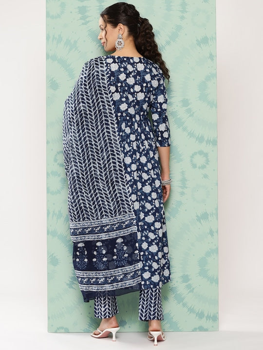 Yufta Women Floral Printed Regular Pure Cotton Kurta with Trousers & With Dupatta