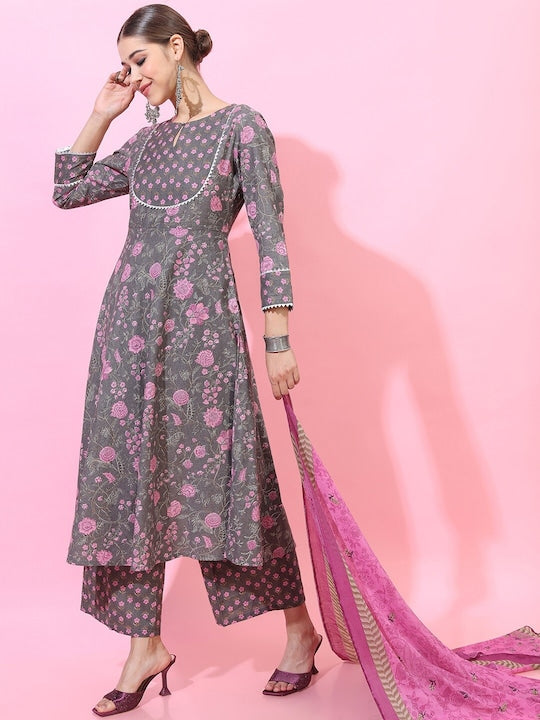 Vishudh Women Grey Floral Printed Pure Cotton Kurta with Palazzos & Dupatta
