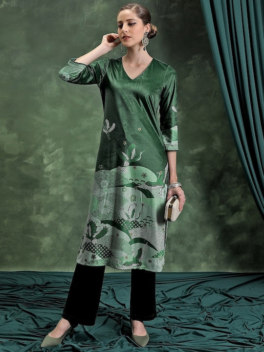 Vishudh Green Abstract Woven Design V-Neck Straight Kurta