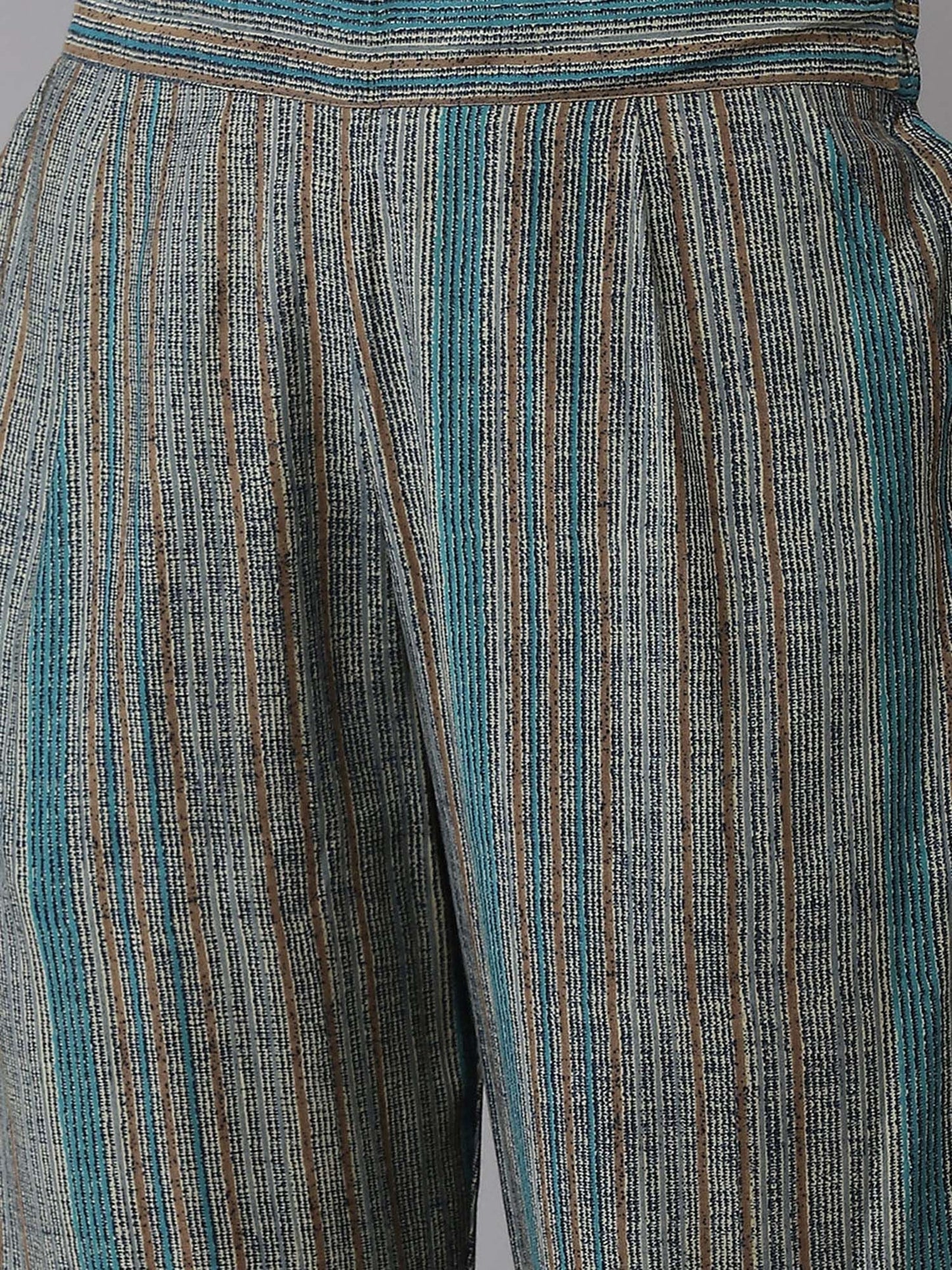 ISHIN womens Silk Blend Beige Embroidered A-line Kurta Trouser Dupatta (Set of 3)