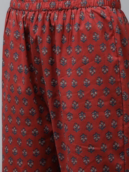 Yufta Women Navy Blue Ethnic Motifs Printed Pleated Gotta Patti Pure Cotton Kurta with Palazzos & With