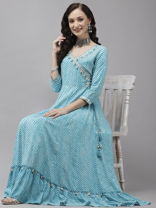 Yufta Women Turquoise Blue Leheriya Printed Kurta