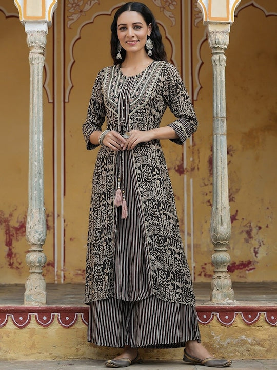 Juniper Women Ethnic Motifs Embroidered Viscose Rayon A-Line Kurta with Palazzos