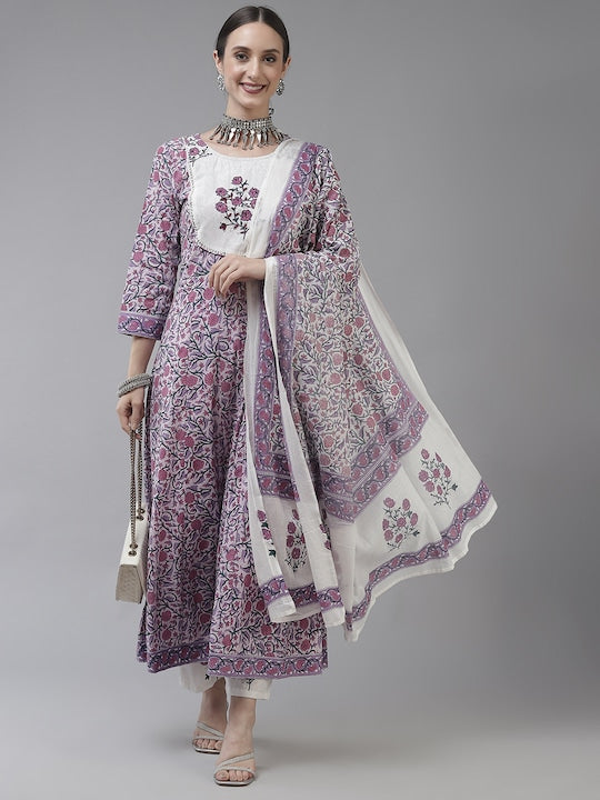 Yufta Women Lavender Ethnic Motifs Printed Pure Cotton Kurta with Trousers & Dupatta