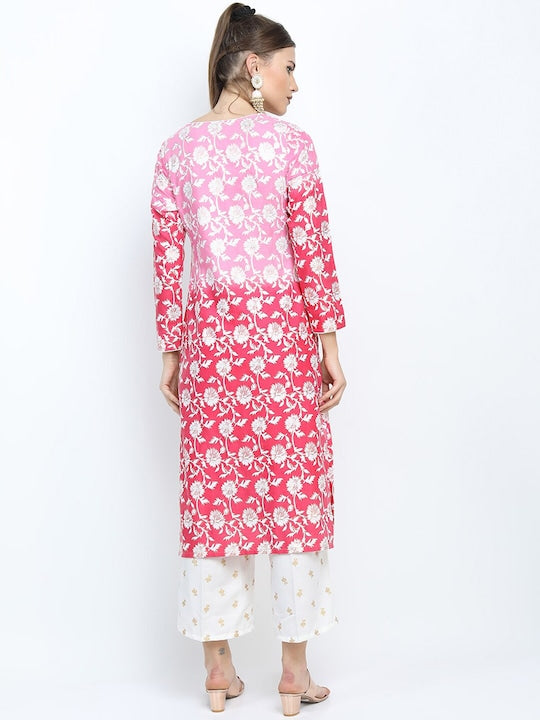 Vishudh Women Pink & White Floral Printed Kurta Palazzos & Dupatta