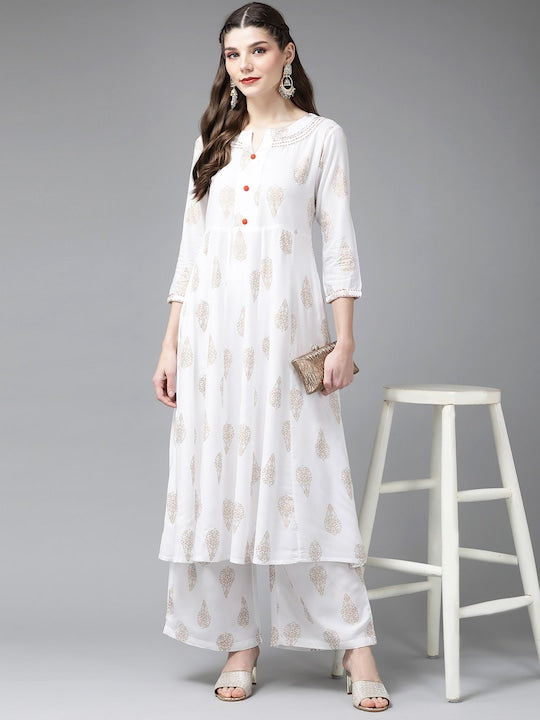 Yufta Women White Ethnic Motifs Printed Panelled Kantha Work Kurta With Palazzos