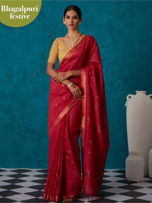 Likha Red Linen Woven Bhagalpuri Festive Zari Saree & Unstitched Blouse LIKSAR48 (Free Size)