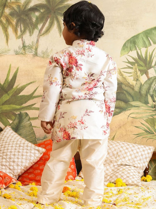 Vastramay Sishu Boys Floral Printed Mandarin Angrakha Collar Long Sleeve Kurta Sets