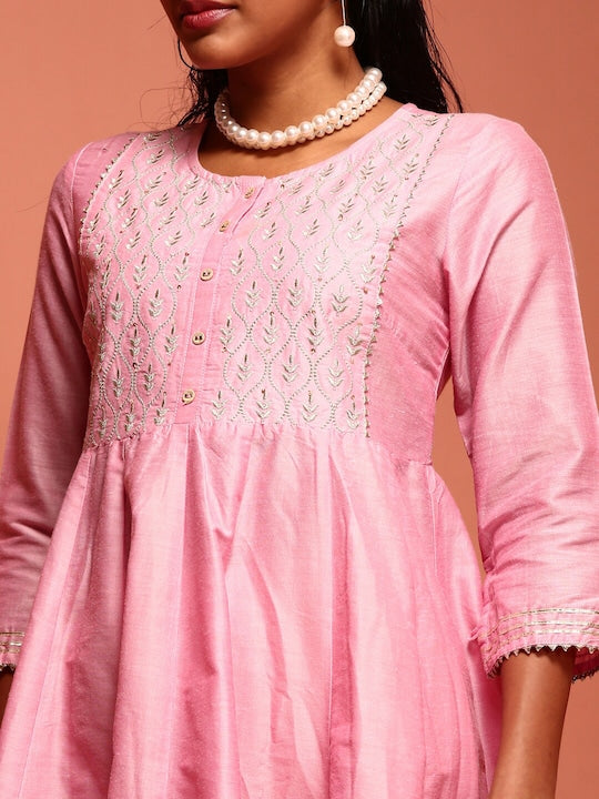 IMARA Ethnic Motifs Yoke Design Thread Work Pleated A-Line Kurta with Trousers & Dupatta
