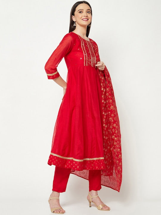 IMARA Yoke Design Sequinned Embroidered Chanderi Silk Kurta & Churidar With Dupatta