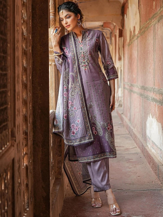 Scakhi Floral Printed Beads & Stones Chanderi Silk Kurta with Trousers & Dupatta