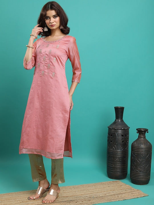 Vishudh Peach Floral Embroidered Straight Kurta