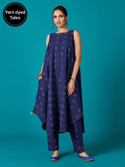 Likha Navy Blue Kora Cotton Yarn Dyed Kurta