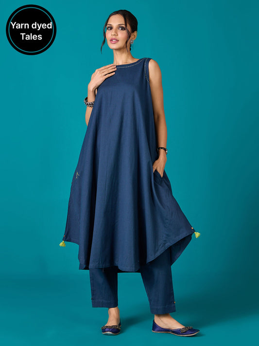 Likha Blue Kora Cotton Flex Flared Co-ord Set LIKKUR169 (Set of 2) - L