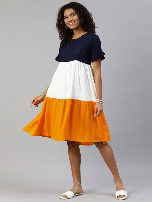 MomToBe Navy Blue Colourblocked Maternity Nursing Fit & Flare Dress