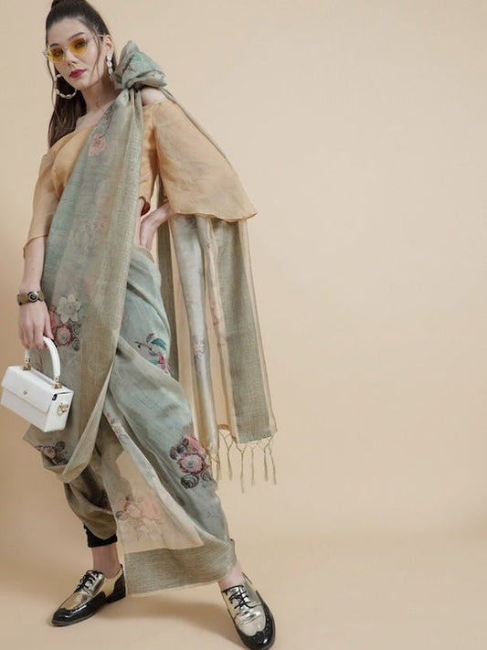 AKS Floral Printed Organza Saree