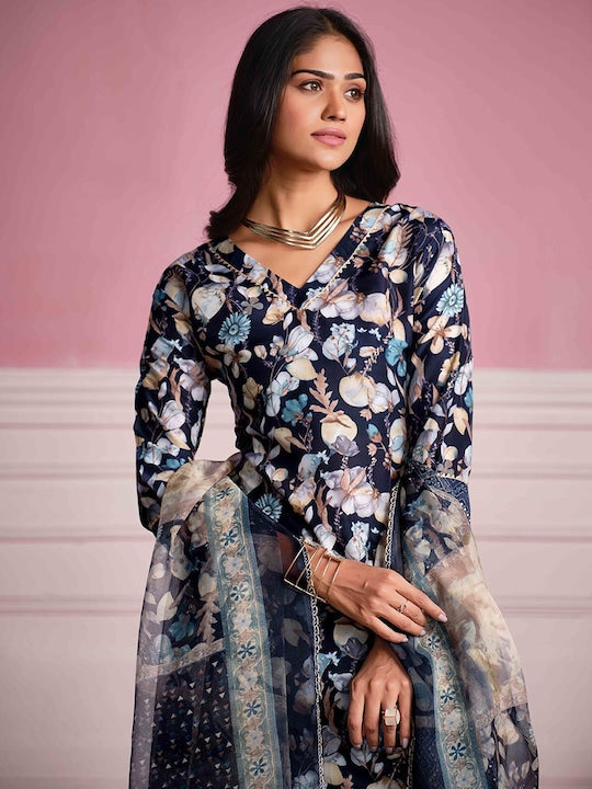 Sangria Floral Printed Staright Kurta With Trousers & Dupatta
