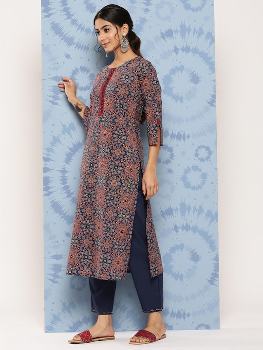 Yufta Ethnic Motifs Printed Regular Pure Cotton Kurta with Palazzos