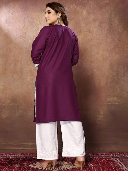 Fabmora Floral Embroidered Round Neck Three-Quarter Sleeves Chikankari Kurta with Palazzos