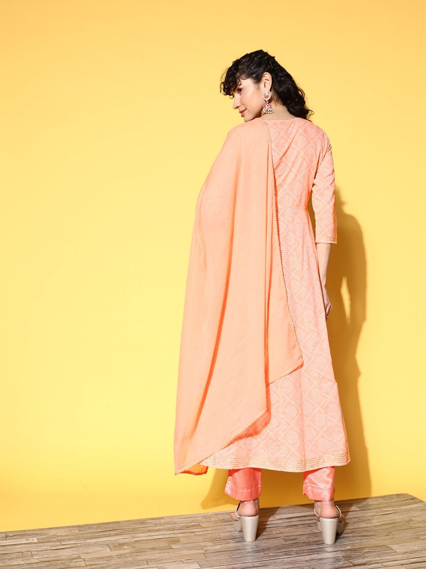 ISHIN Womens Cotton Blend Peach Embroidered Anarkali Kurta with Dupatta (Set of 2)