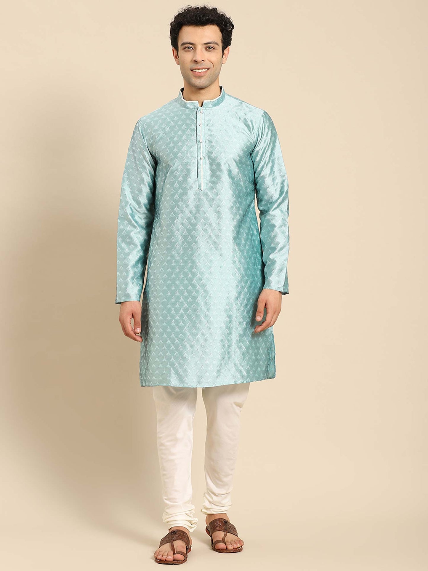 Amodh by Kisah Men Turquoise Blue Kurta (Set of 2)