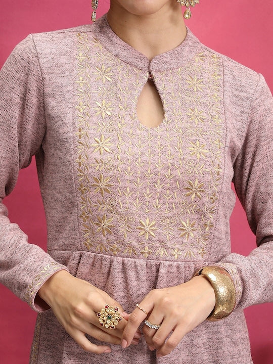 Vishudh Pink Floral Embroidered Mandarin Collar Kurta