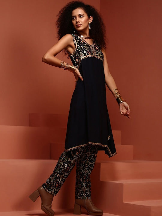 IMARA Ethnic Motifs Yoke Design Asymmetric A-Line Kurta With Trousers