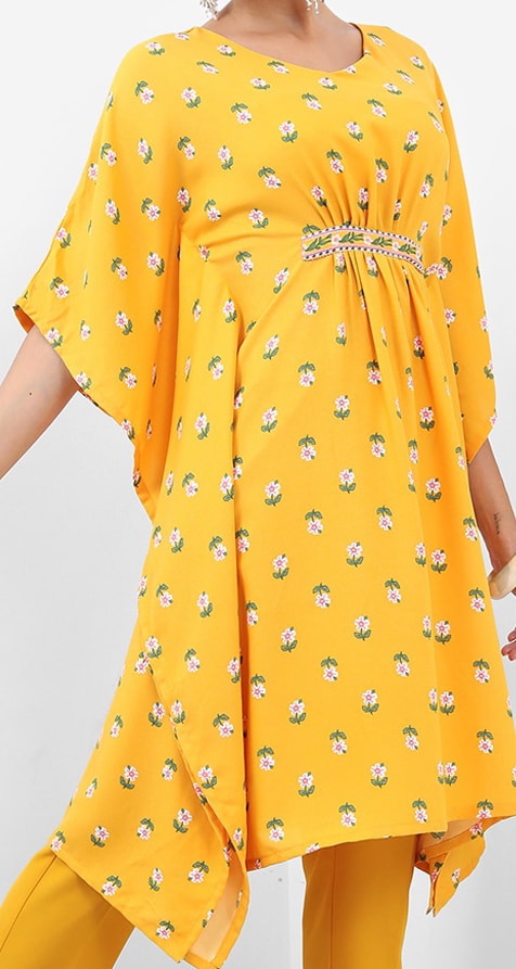 Vishudh Yellow Floral Printed Flared Sleeves Regular Kaftan With Trouser